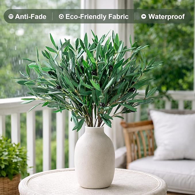 8PCS Premium Artificial Olive Branches for Vases - Realistic PU & Silk Faux Greenery Stems, 3 Sizes, Bendable Wire Stems, Low Maintenance Home/Office/Holiday Decor(No Vase