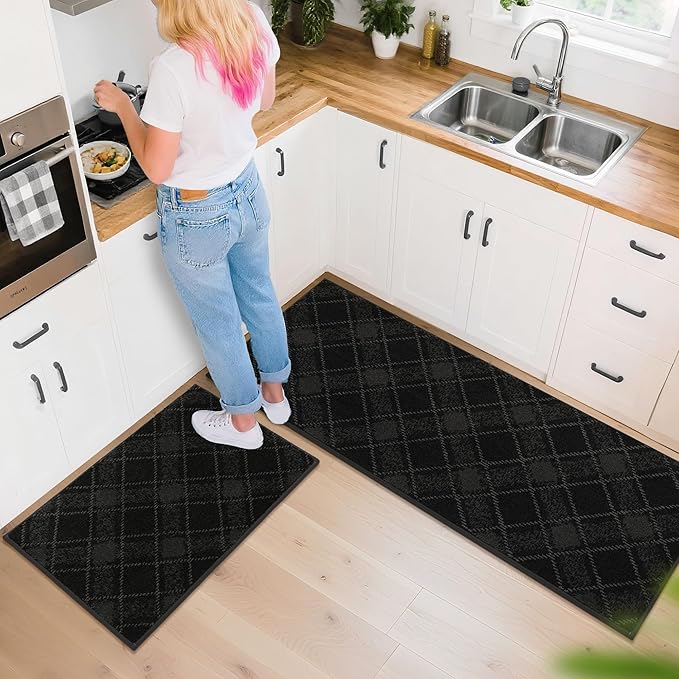 COSY HOMEER Kitchen Rugs and Mats Sets 2PCS Non-Slip Soft Kitchen Mats for Floor Absorbent and Stain Resistant Kitchen Floor Mat Washable Plaid Rugs for Kitchen,24"x36"+24"x60",Black