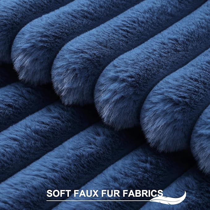 Pallene Faux Fur Plush Throw Pillow Covers 18x18 Set of 2, Luxury Soft Fluffy Striped Decorative Pillow Covers for Sofa, Couch, Living Room, Navy Blue