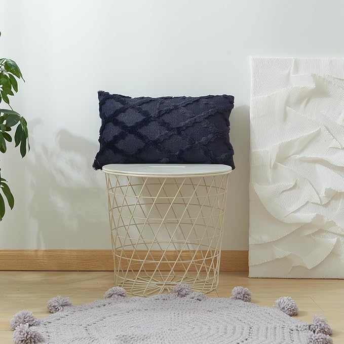 EMMTEEY Boho Pillow Covers 12X20 - Fluffy Stripe Single-Sided Embroidery with Soft Faux Fur, Boho Décor Pillow Case for Couch, Sofa Bedroom, Navy Blue