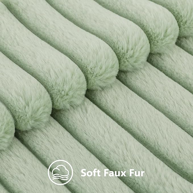 decorUhome Faux Fur Spring Throw Pillow Covers 16x16 Set of 2, Decorative Soft Plush Striped Neutral Couch Pillow Covers with Velvet Back for Sofa, Bed, Living Room Home, Sage Green