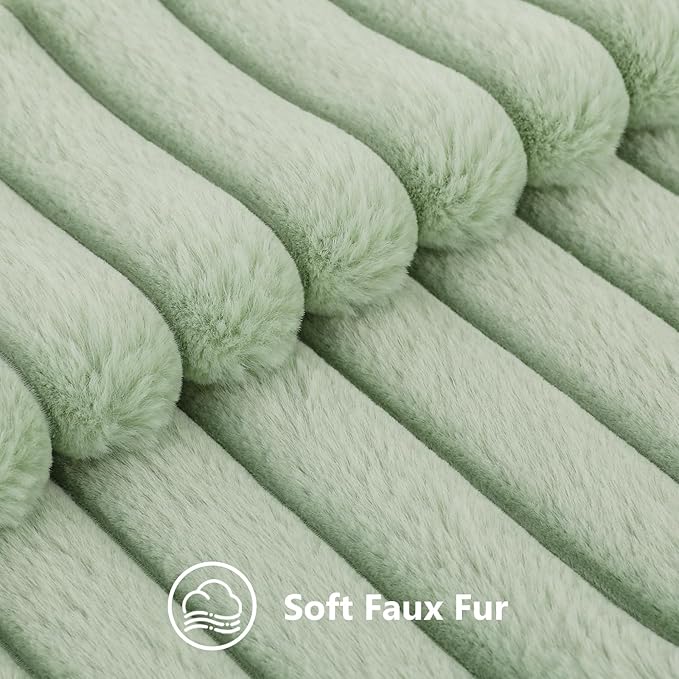 decorUhome Faux Fur Spring Throw Pillow Covers 18x18 Set of 2, Decorative Soft Plush Striped Neutral Couch Pillow Covers with Velvet Back for Sofa, Bed, Living Room Home, Sage Green