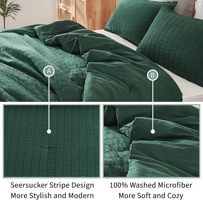 AveLom Dark Green Seersucker King Comforter Set (104x90 inches), 3 Pieces-100% Soft Washed Microfiber Lightweight Comforter with 2 Pillowcases, All Season Down Alternative Comforter Set for Bedding