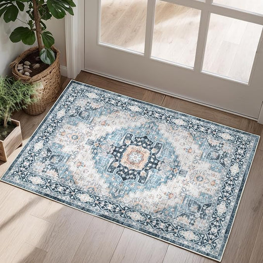 Dotiiorug Washable 2×3 Area Rug for Entryway Indoor, Vintage Floral Small Area Rug Soft Non Slip Stain Resistant Boho Carpet for Front Door Dinning Room Kitchen Bedroom Blue/Ivory