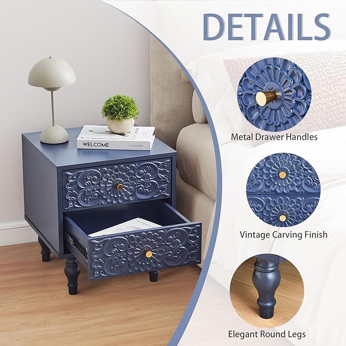 Nightstand, Farmhouse Bedside Table with 2 Drawers and Metal Handles, Wood Sofa Side Table End Table Accent Dresser for Bedroom, Living Room (Blue) (15.75 x 16.02 x 18.15 Inch)