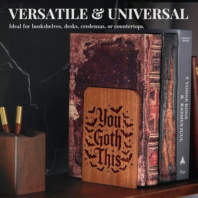 Goth Gifts for Women Men, Gothic Bookends, Heavy Duty Wooden Book Ends for Shelves Decorative(1 Pair, 4.72x6.69 Inches) - Bat