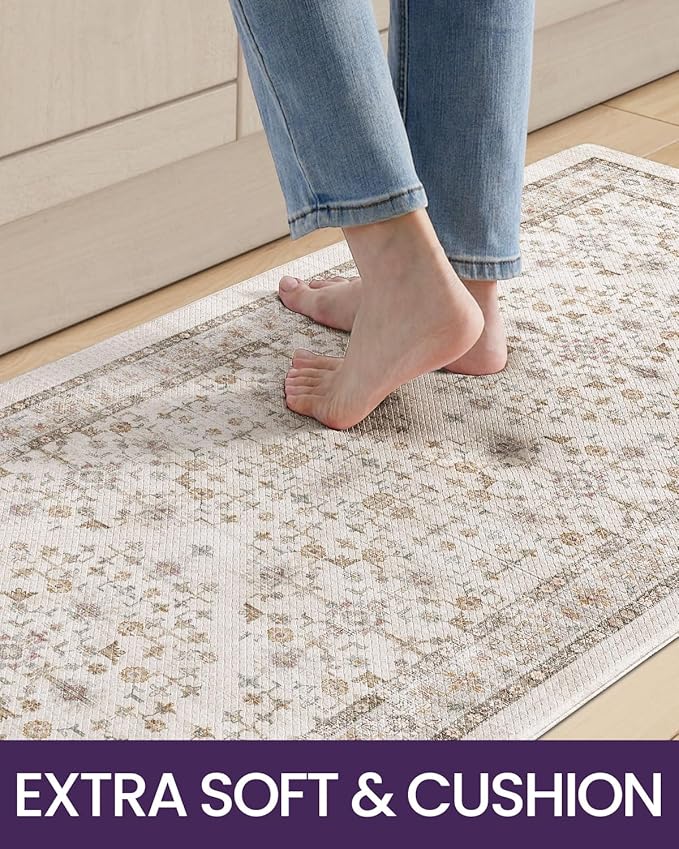 DEXI Kitchen Floor Mats Cushioned Anti Fatigue, 23x86 Long Wide Standing Comfort Runner Rug, Waterproof Retro Floral Memory Foam Padded for Front Sink Laundry, Beige/Ivory