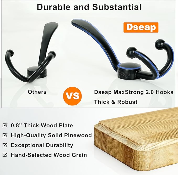 Dseap Coat Rack Wall Mounted - 24" Long 6 Tri Hooks, Heavy Duty Wooden Wall Coat Hanger Coat Hook for Clothes Hat Jacket Clothing, Weathered Light Natural and Black, Pack of 2