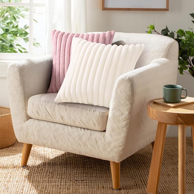 Pallene Faux Fur Plush Spring Throw Pillow Covers 20x20 Set of 2, Luxury Soft Fluffy Striped Decorative Pillow Covers for Sofa, Couch, Living Room, Cream White