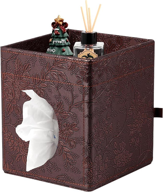 Tissue Box Cover, PU Leather Square Tissue Box Holder with Upper Storage Tray for Bathroom/Countertop/Nightstand/Office Table - Antique