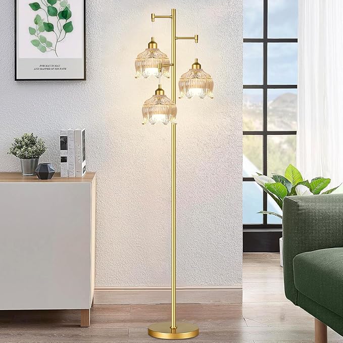 ZECOXOL Gold Floor Lamps for Living Room Bedroom-3 Light Glass Floor Lamp with Three Led Bulb,Mid Century Standing Lamp Vintage Brass Tall Lamp Tree Floor Lamp for Bedroom Corner