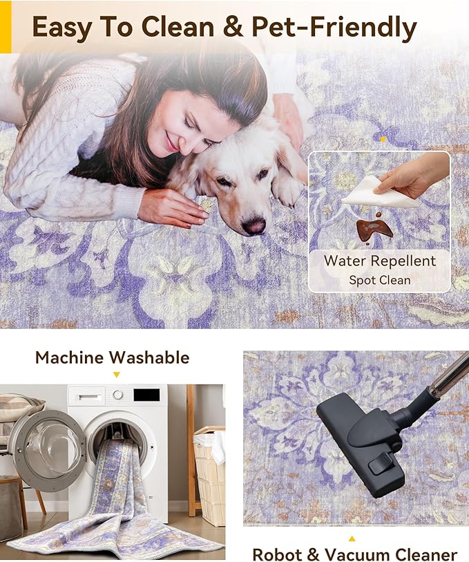 RELEANY Area Rugs 2'x6' Washable Non-Slip, Floral Vintage Distress Print Pattern Medallion Carpet for Living Room Bedroom Dining Room, Light Purple Brown