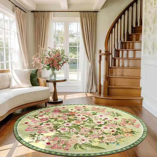 AREAMAY Floral Washable Round Area Rug - 6x6 Round Rugs Living Room Rug Soft Non-Slip Low Pile Large Indoor Accent Circle Carpet for Closet Bedroom Dining Room Home Office Nursery, 6ft Green