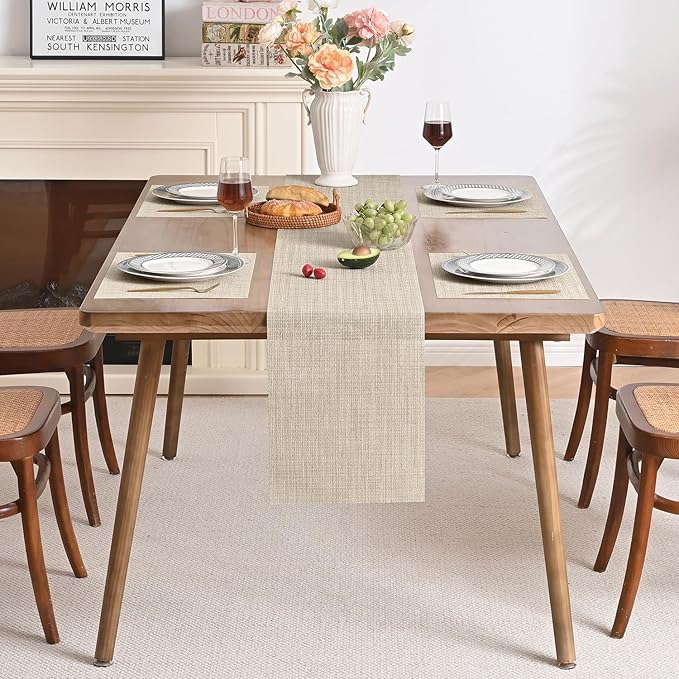 Leetaltree Beige Table Runner and Placemats Set of 7, Heat Resistant Non-Slip Place mats for Dining Table, Washable Durable PVC Vinyl Woven Table Runner Set