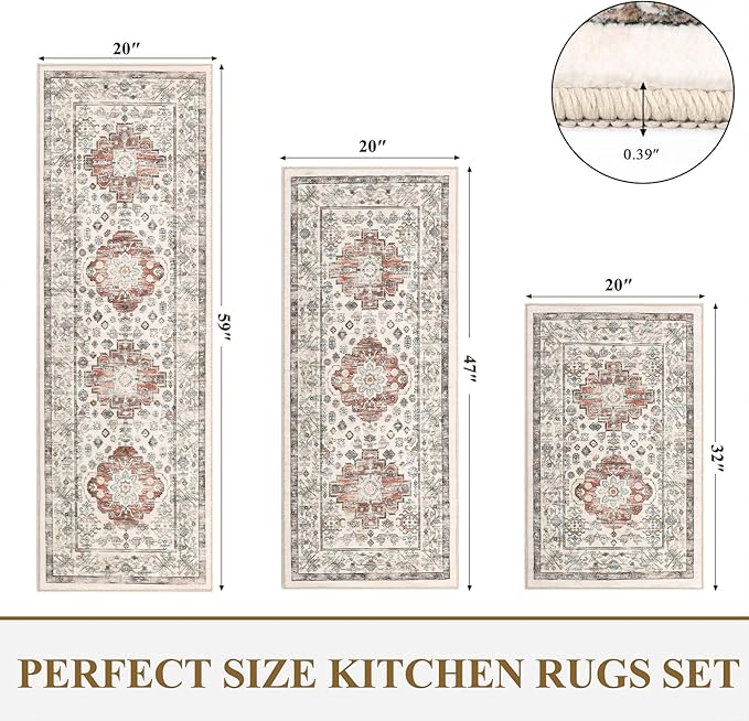 Pauwer Kitchen Rugs Sets of 3 Non Slip Washable Kitchen Mats for Floor Farmhouse Kitchen Floor Mat Runner Rug Boho Kitchen Sink Rug Carpet for Kitchen Hallway Laundry Room, Ivory