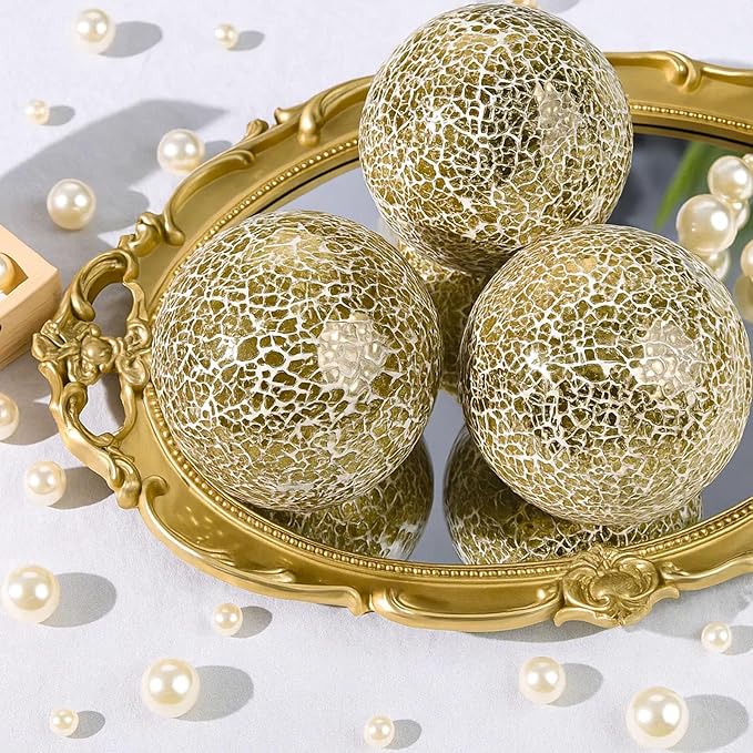 DomeStar 3PCS Decorative Balls, 4inch Mosaic Glass Orbs Centerpiece Balls Gold Orbs for Decorate Bowls Vases Tables Wedding Party