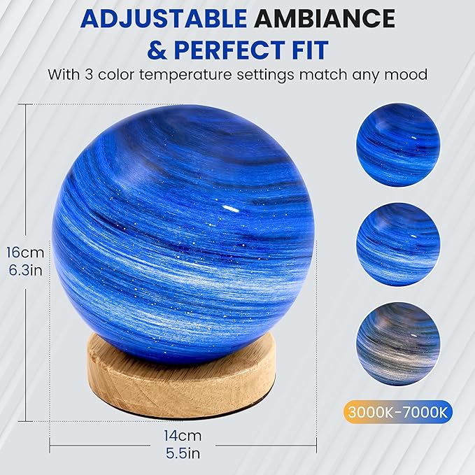New Model Neptune Blue Planet Night Light Glass Bedside with Wooden Base 3 Modes - Dimmable Swirl Planet Table Lamp for Bedroom Nightstand, Desk Lamp for Living Room, Office, Kids Room