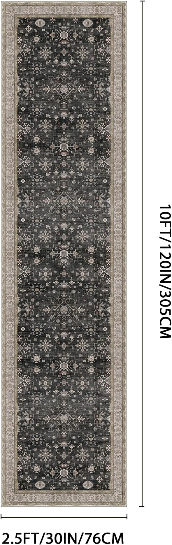 GENIMO 2‘6‘’x10 Runner Rug,Machine Washable Non-Slip Vintage Rugs,Low Pile Lightweight Carpet for Bedroom,Hallway,Entryway,Kitchen,Bathroom,Black