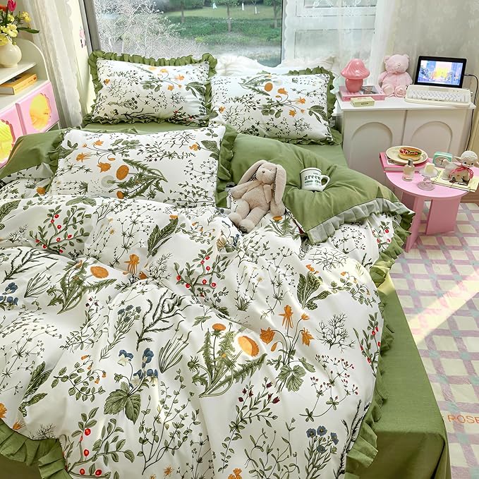 Romantic Green Floral Duvet Cover Queen 3 Pieces Ruffle Duvet Cover Girls Flower Comforter Cover 100% Cotton Vintage Floral Green Lace Bedding Cottagecore Flower Comforter Cover with 2 Pillowcases