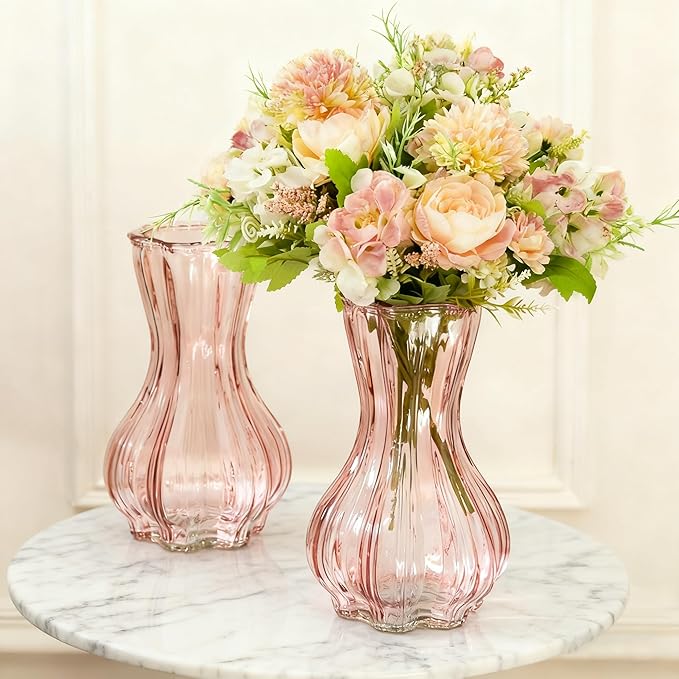 Flower Vase,Glass Vases Set of 2,Blush Clear Pink Vase 8 inch,for Home Decor,Valentains Day Decorations Indoor,Gifts,Wedding,Anniversary,Centerpieces