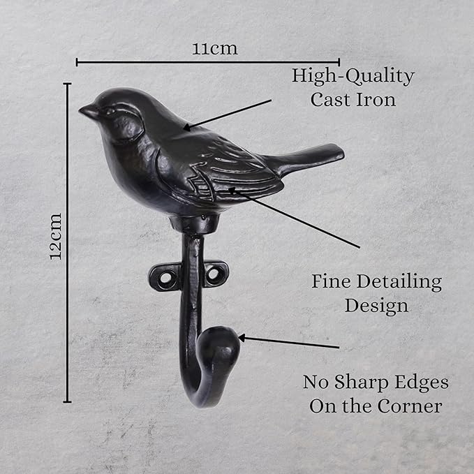 Set of 3 Cast Iron Bird Shape Coat Hooks Wall Art Decor-Bird Shape Hangers and Key Holder-Clothes Rack and Backpack Hanger-Coat Hooks Home Decor for Storage, Living Room, Hallway, Office