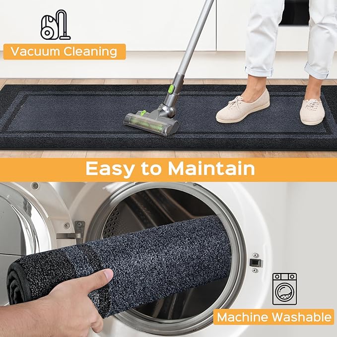 Kitchen Rugs 24" x 70", Non-Slip Machine Washable Kitchen Runner Rugs Floor Mats, Absorbent Comfort Standing Mats for Kitchen, Sink, Laundry and Hallway, Rolled Packaging, Bluish Grey & Charcoal