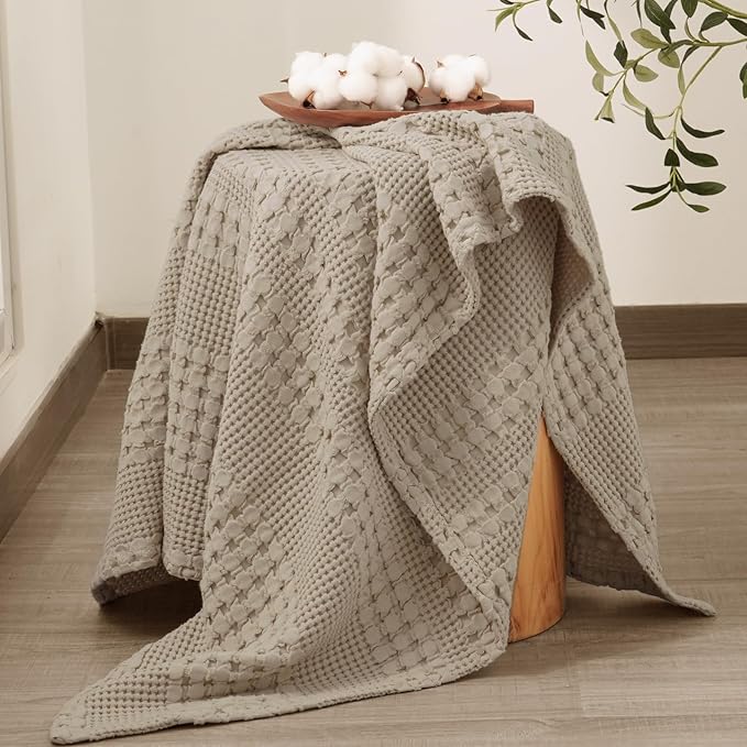 PHF 100% Cotton Waffle Weave Throw Blanket, Soft Lightweight Breathable Cozy Throws for Couch Bed Sofa, 300 GSM Luxury Aesthetic Blanket Gift for Home Decor & Office, 50"x60", Taupe