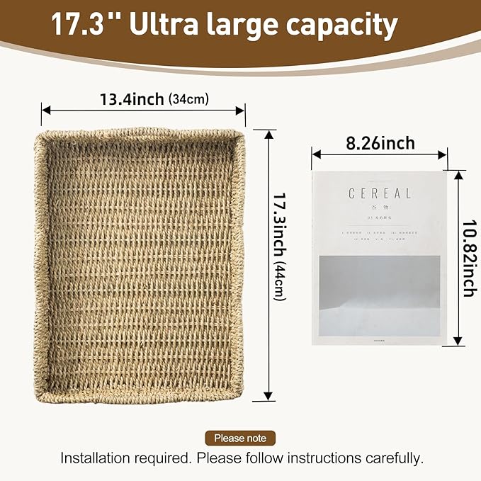 Wicker Tray, Handwoven Woven Tray with Handles and Scalloped Edge, Rectangle Wicker Basket for Home Decor and Organizing, 17.3" L x 13.4" W x 3.6" H