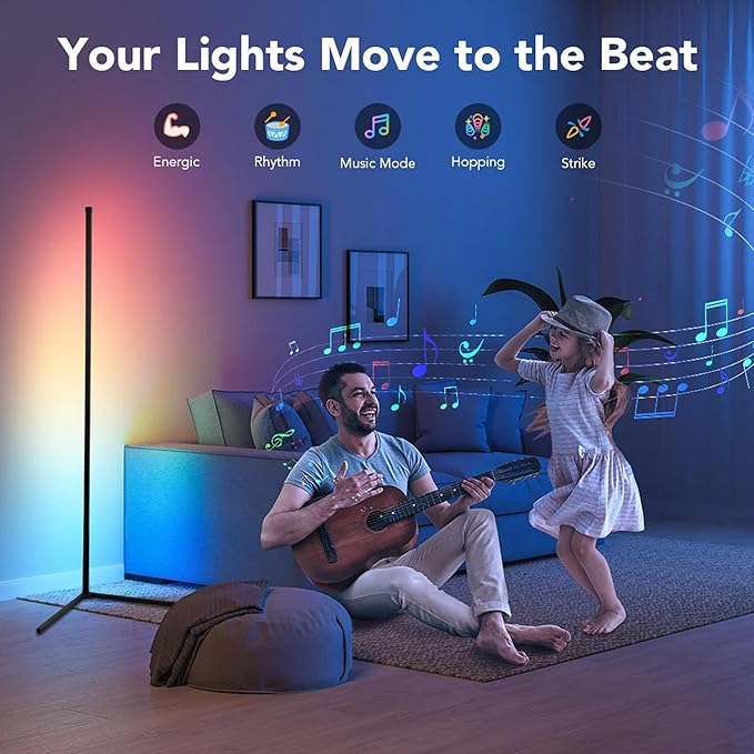Corner Floor Lamp, LED Ambient Mood Lighting for Living Room - Color Changing RGB Floor Lamps with Music Sync, Modern Home Lighting for Gaming Room Decor