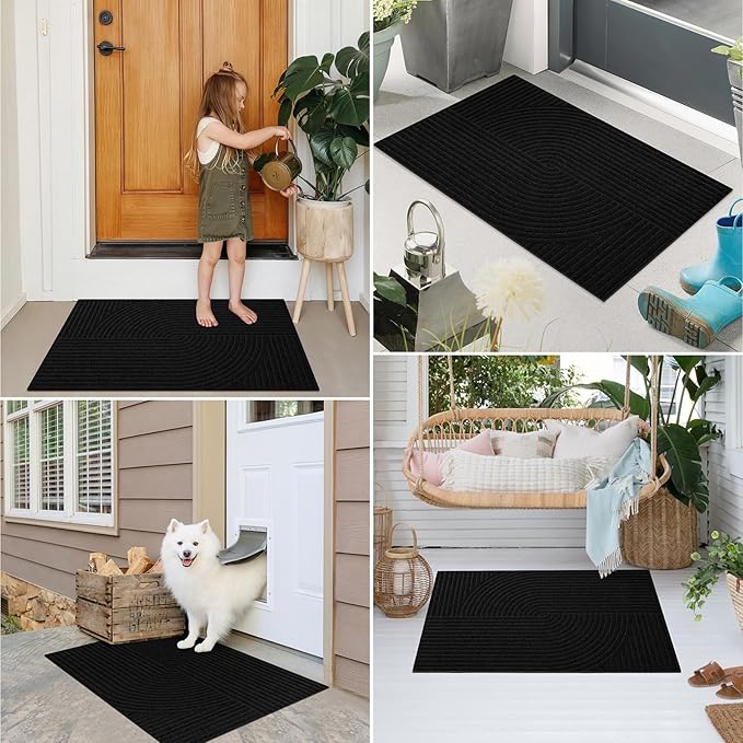 PLEASOR Front Door Mat Outside Entrance, Dirt Resistant and Absorbent Welcome Door Mat Outdoor Indoor,Sturdy Non-Slip Backing Entry Mat, Low Profile Doormat for Entryway, 60x36, Black
