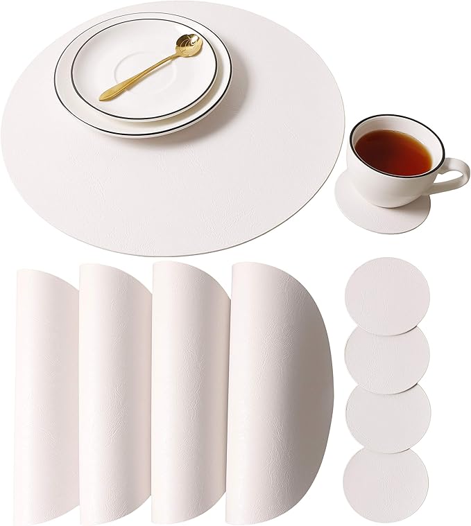 Embossed PU Leather Placemats, Waterproof Coffee Coasters, Kitchen Table Mats, Easy to Wipe Off for Dining Round Table