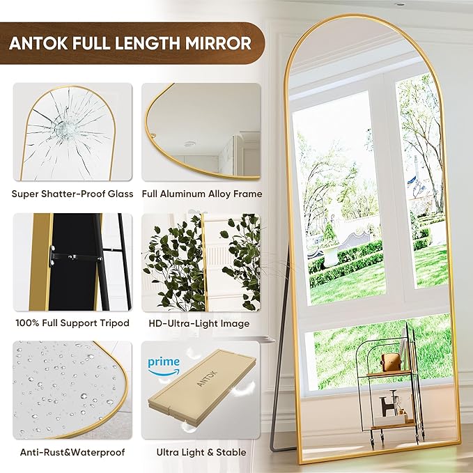 Antok Full Length Mirror, 71"x28" Arched Floor Mirror, Mirror Full Length with Stand, Wall Mounted Mirrors for Living Room Bedroom,Gold