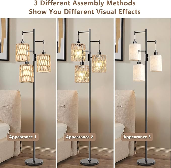 ZECOXOL Boho Floor Lamp for Living Room Bedroom-3 Light Dimmable Floor Lamp with Three Led Bulb, Rustic Tall Lamp Black Standing Lamp Tree Floor Lamps for Living Room Bedroom,Office,Corner