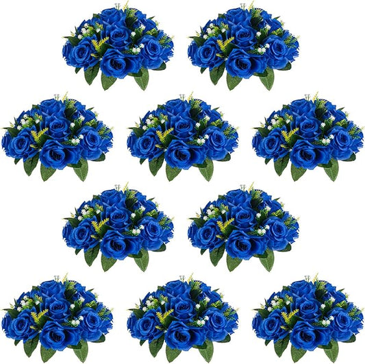 NUPTIO Flower Ball Arrangement Bouquet - 10 Pcs 9.5 inch Diameter Royal Blue Fake Flowers Roses Balls for Centerpieces Tables - Artificial Rose Arrangements for Wedding Centerpiece Table Decorations