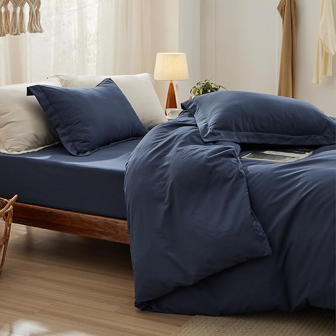 Bedsure Duvet Cover Queen Size with Fitted Sheet - 4 Pieces Prewashed Cotton-Like Extra Soft Bedding Set, Includes 1 Duvet Cover 90x90 Inches with Zipper Closure, 2 Pillow Shams, 1 Fitted Sheet, Navy
