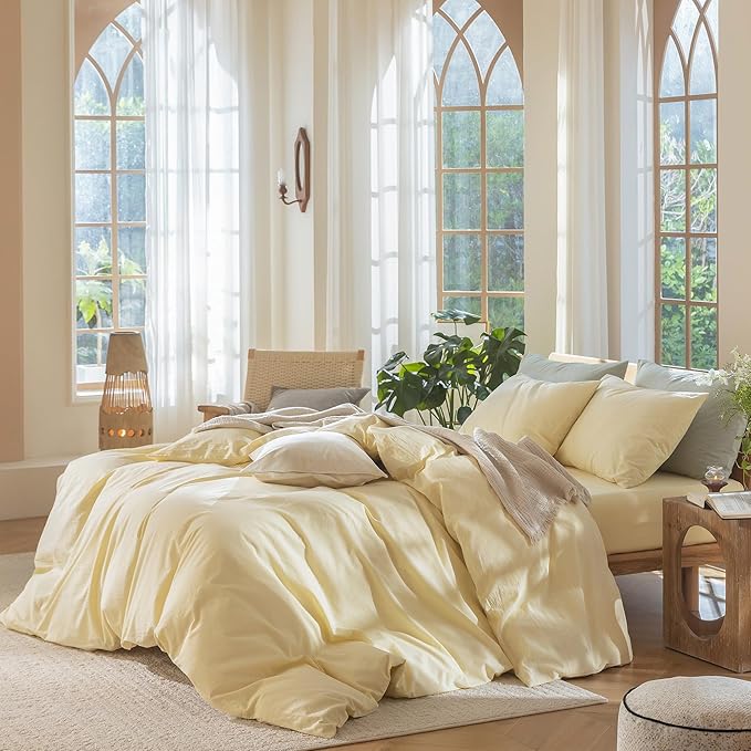 MooMee Bedding Duvet Cover Set 100% Washed Cotton Linen Like Textured Breathable Durable Soft Comfy (Heathered Butter Yellow, Super Queen 90"x98")