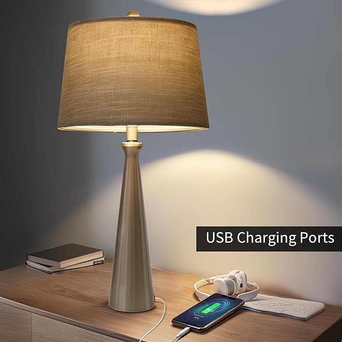 Oneach 25.75" Modern Table Lamp Set of 2, Bedside Lamps with USB Ports, Silver Nightstand Lamps Set for Living Room Bedroom House Bedside Home Office Family