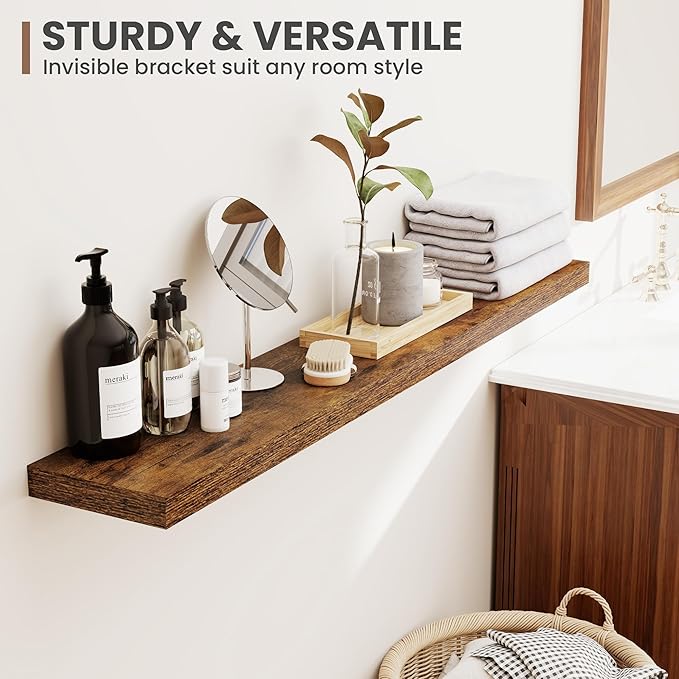 24 Inch Floating Shelves, 8 Inch Deep Floating Shelves for Wall, Hanging Shelf with Invisible Brackets, Deep Shelves for Bathroom, Bedroom, Living Room, Brown, Set of 2
