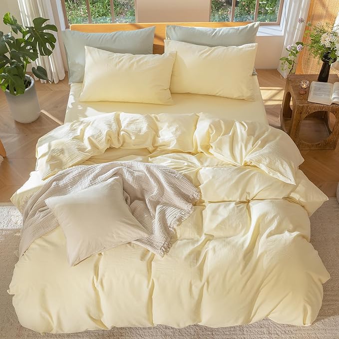 MooMee Bedding Duvet Cover Set 100% Washed Cotton Linen Like Textured Breathable Durable Soft Comfy (Heathered Butter Yellow, Oversized Queen 98"x98")