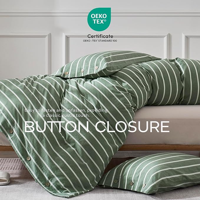 JELLYMONI Cotton Duvet Cover Twin Size - Green Striped Comforter Cover with Button 100% Washed Cotton 2PCS Breathable Soft Solid Bedding Set Duvet Cover 68×90in & 1 Pillowcase (NO Comforter)
