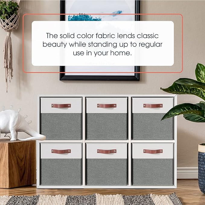 Ornavo Home 13 x 13 Storage Cube Bins, Foldable Collapsible Fabric Storage Bins Box Linen Shelf Basket Cube Organizer for Closet with Leather Handles, 6 Pack, White/Gray