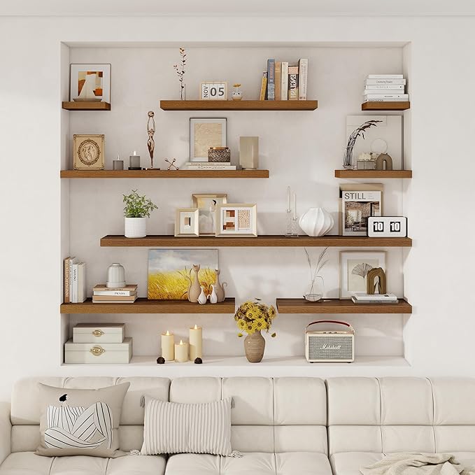 Fun Memories 12 Inch Deep Floating Shelves, 16 x 12 Wooden Wall Shelves, Extra Deeper & Thicker Rustic Wall Mounted Storage Shelf for Fireplace, Living Room, Kitchen, Farmhouse, Walnut - 3Pack