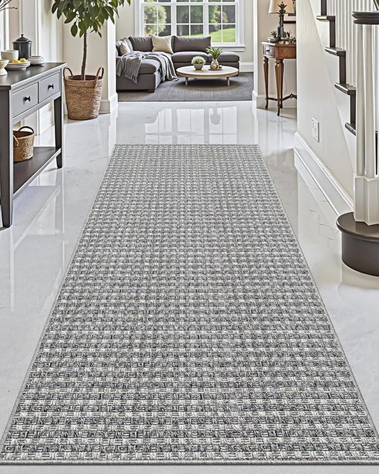 DEXI Hallway Runner Rug 3.3x6.7, Woven Braided Farmhouse Runner Carpet Indoor, Absorbent Thin Long Entryway Runners for Kitchen, Laundry Room, Patio Entrance, Checkered Grey