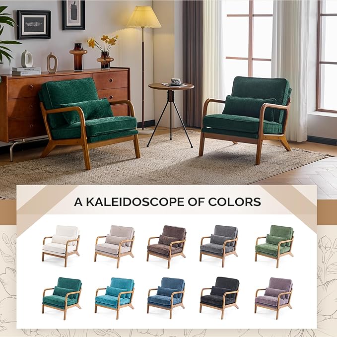 VINGLI Chenille Mid-Century Modern Accent Chair, Cute Reading Arm Chair with Cushion & Lumbar Pillow & Solid Wood Frame for Lounge, Living Room, Reading Room, Bedroom, Forest-Green
