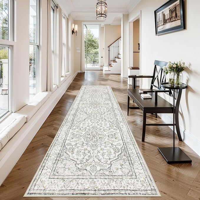 Lahome Oriental Runner for Hallways 2.5x10 Washable Beige Kitchen Runners Non Skid Long Entryway Rug Runners 10ft Ulra-Thin Soft Indoor Boho Rug Traditional Carpet for Laundry Living Room