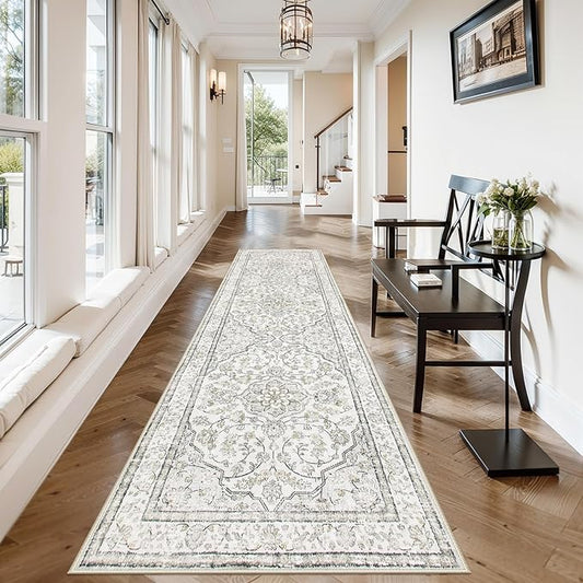 Lahome Oriental Runner for Hallways 2.5x10 Washable Beige Kitchen Runners Non Skid Long Entryway Rug Runners 10ft Ulra-Thin Soft Indoor Boho Rug Traditional Carpet for Laundry Living Room