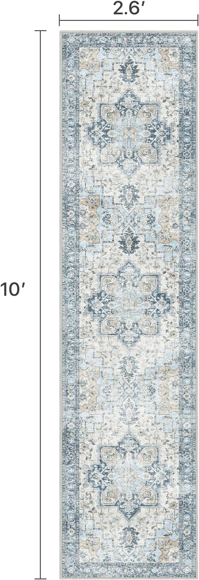 BESBLEE Runner Rug 2'6''x10, Non Slip Vintage Hallway Runner Rugs, Low Pile Lightweight Machine Washable Mat for Hallway, Entryway, Bedroom, Kitchen and Corridor, Blue