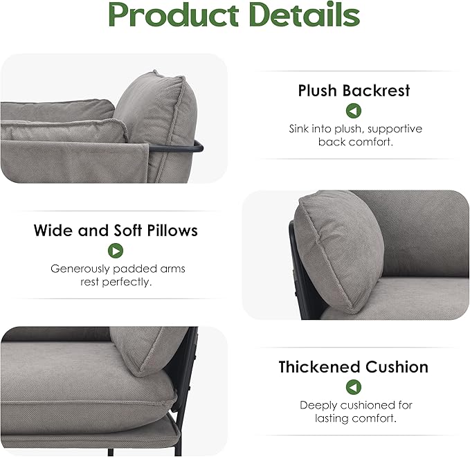 AYEASY Modern Accent Chair for Living Room, Oversized Reading Chair with Solid Metal Legs, Upholstered Fabric Armchair with Side Pockets and 2 Pillows, Comfy Accent Chairs for Bedroom, Nursery, Khaki