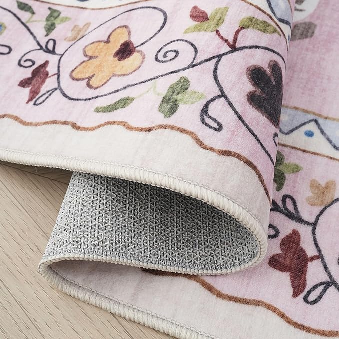 Rugcomf Door Mat Indoor Entrance 2x3 Rug Machine Washable Boho Floral Animal Cat Small Area Rug Non-Slip Low Pile Throw Rugs for Entryway Kitchen Front Door Indoor Entrance Entry Kids Room, Pink