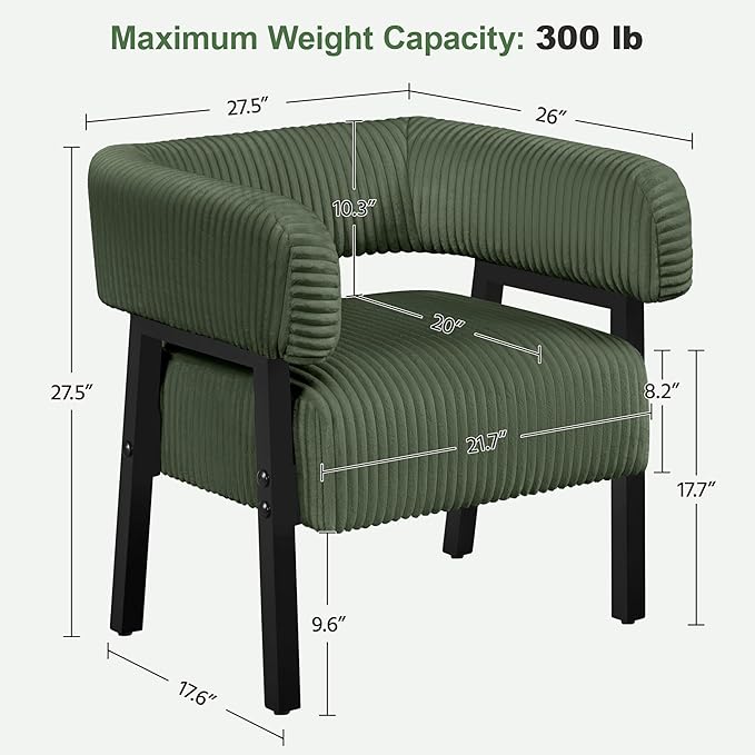 Yaheetech Corduroy Barrel Accent Chair, Modern Upholstered Armchair with Solid Wood Legs, Cozy Leisure Chair with Pocket Coiled Seat for Living Room, Bedroom, Reading Nook Dark Green